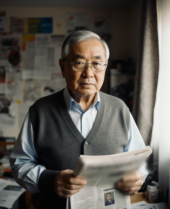 Bolotbek Daniyar holding a folded newspaper in the newsroom